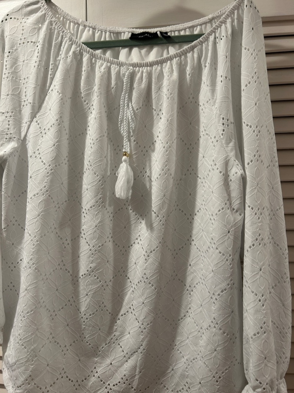 Rafaella White Eyelet Boho Peasant Blouse with Tassel Trim